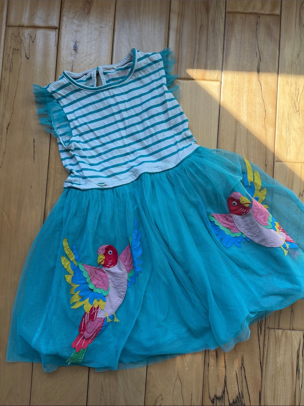 Mini Boden Sz. 6-7 - Teal Striped Parrot Tulle Dress